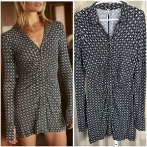 Free People Black White Geometric Button Front Ruched Tunic Mini Dress Women's L